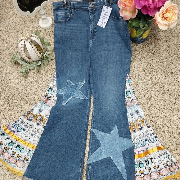 Handmade Denim - 3788 Size 18 Upcycled Lee Blue and Orange Bell-Bottoms.